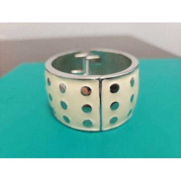 Vintage Ivory Enamel SilverTone Polka Dot Patterned Clamper Bangle Bracelet - Picture 5 of 8
